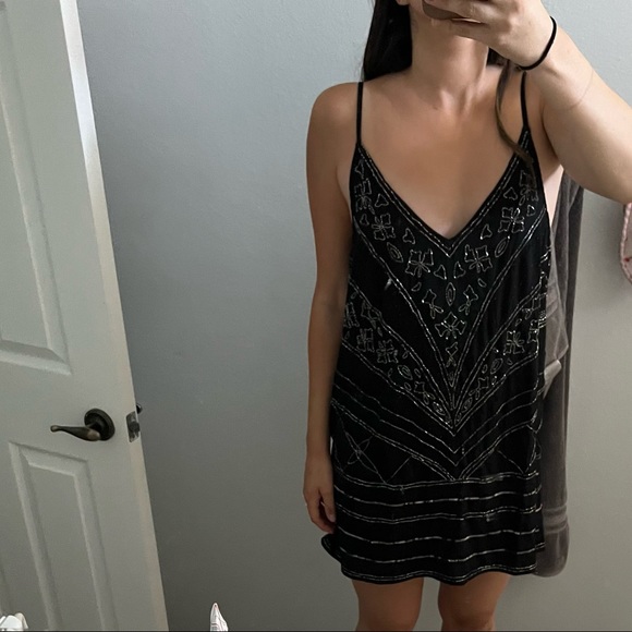 Free People Embellished Mini Slip Dress Size Medium Black Sleeveless Beaded - Picture 10 of 10